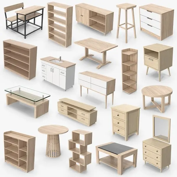 Colección de modelos 3D de muebles (estantes, mesas, cajoneras) creados por el servicio de diseñador de muebles 3d de Ferrenova.