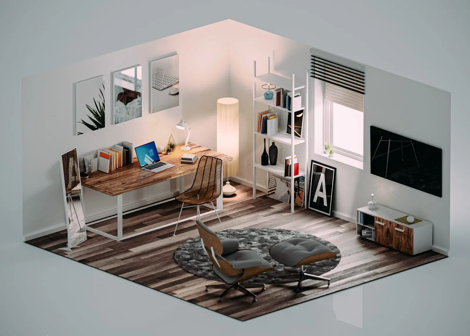 Render fotorrealista de una oficina en casa, un entregable del servicio de diseñador de muebles 3d de Ferrenova.