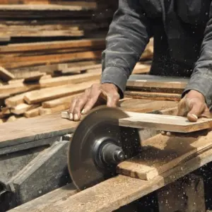 Carpintero de Ferrenova usando una sierra de mesa para cortar tablones de madera a medida con precisión en el taller.