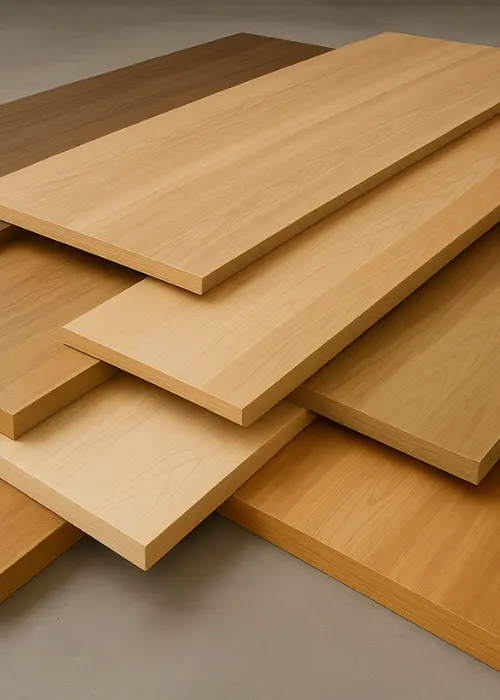 Muestra de tableros de madera con diferentes tonos y acabados, parte de las opciones de corte de madera a medida en Santiago que ofrece Ferrenova.