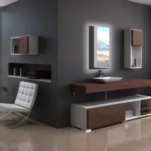 Muebles de baño modernos con vanitorio y repisas flotantes, un proyecto de corte de madera a medida en Santiago que requiere precisión y materiales resistentes a la humedad.