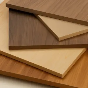 Pila de muestras de tableros a medida online con diferentes texturas de madera y colores lisos, disponibles para corte en Ferrenova.