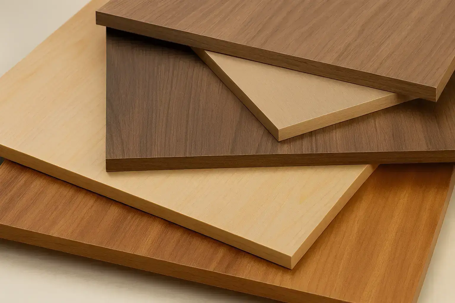 Pila de muestras de tableros de melamina con diferentes texturas de madera, listas para el servicio de corte y canteado de tableros de Ferrenova.