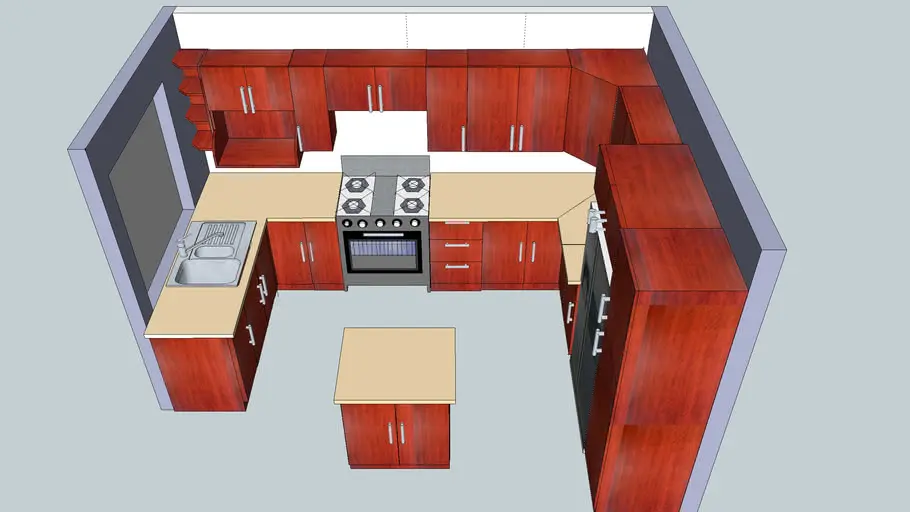Render de una cocina en forma de U, parte del servicio de diseñador de muebles 3d de Ferrenova.
