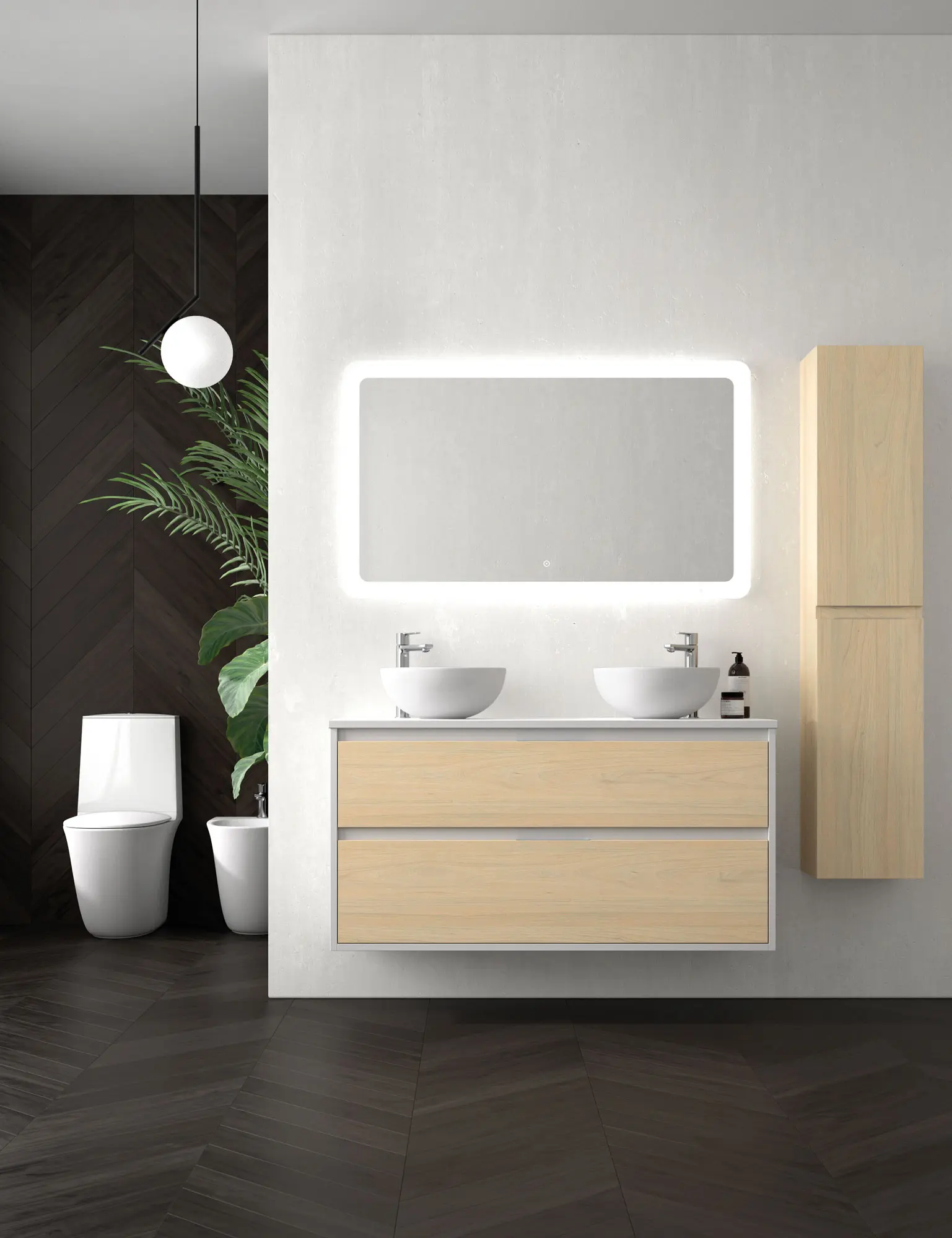 Render para muebles de un set de baño completo con vanitorio y columna en madera clara, creado por Ferrenova.