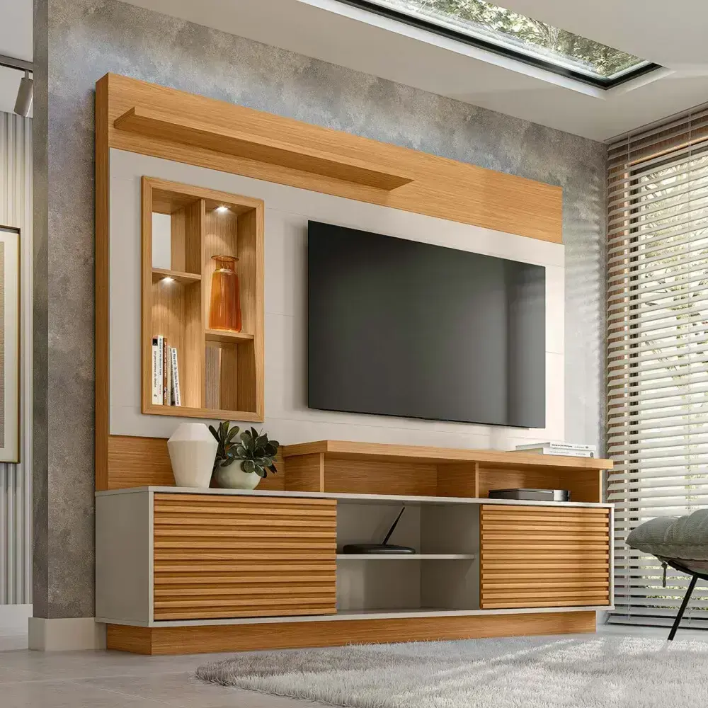 Mueble de TV de diseño moderno, combinando cortes en mdf lacados y tableros con textura de madera, un proyecto con cortes de precisión de Ferrenova.