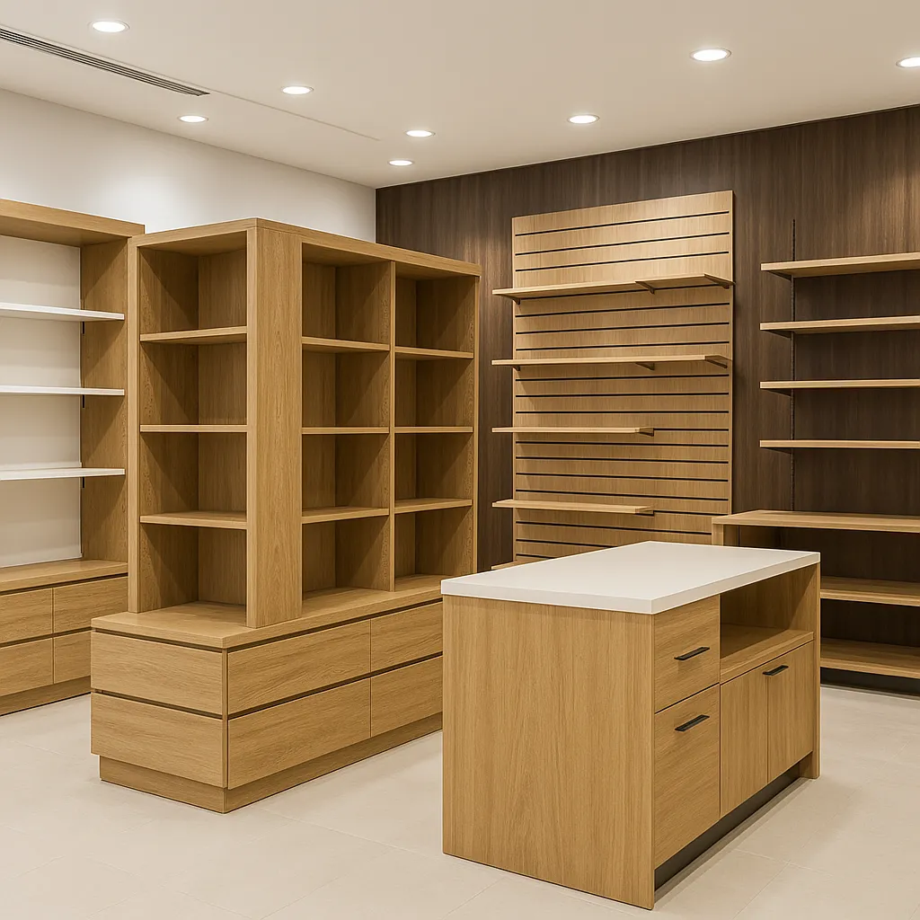 Estanterías modulares y mostradores para retail, un proyecto que requiere cortes de madera a medida en Santiago con precisión industrial, de Ferrenova.