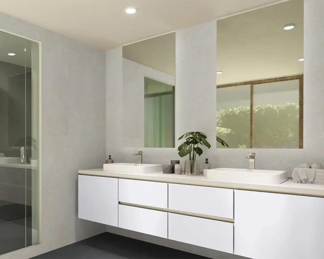 Melamina Blanca 15mm Dimensionada y dos lavabos rectangulares sobrepuestos.