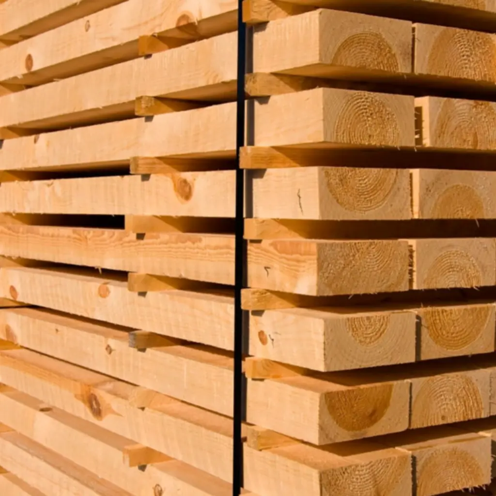 pila de tablones de Comprar Madera Dimensionada apilados y espaciados, mostrando los anillos de crecimiento de la madera.