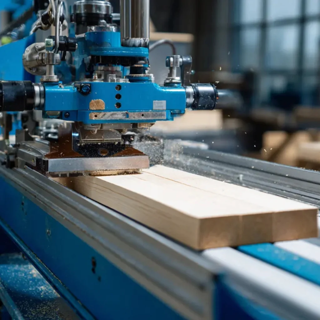 Máquina industrial de carpintería realizando el Canteado de Madera de un tablón de pino