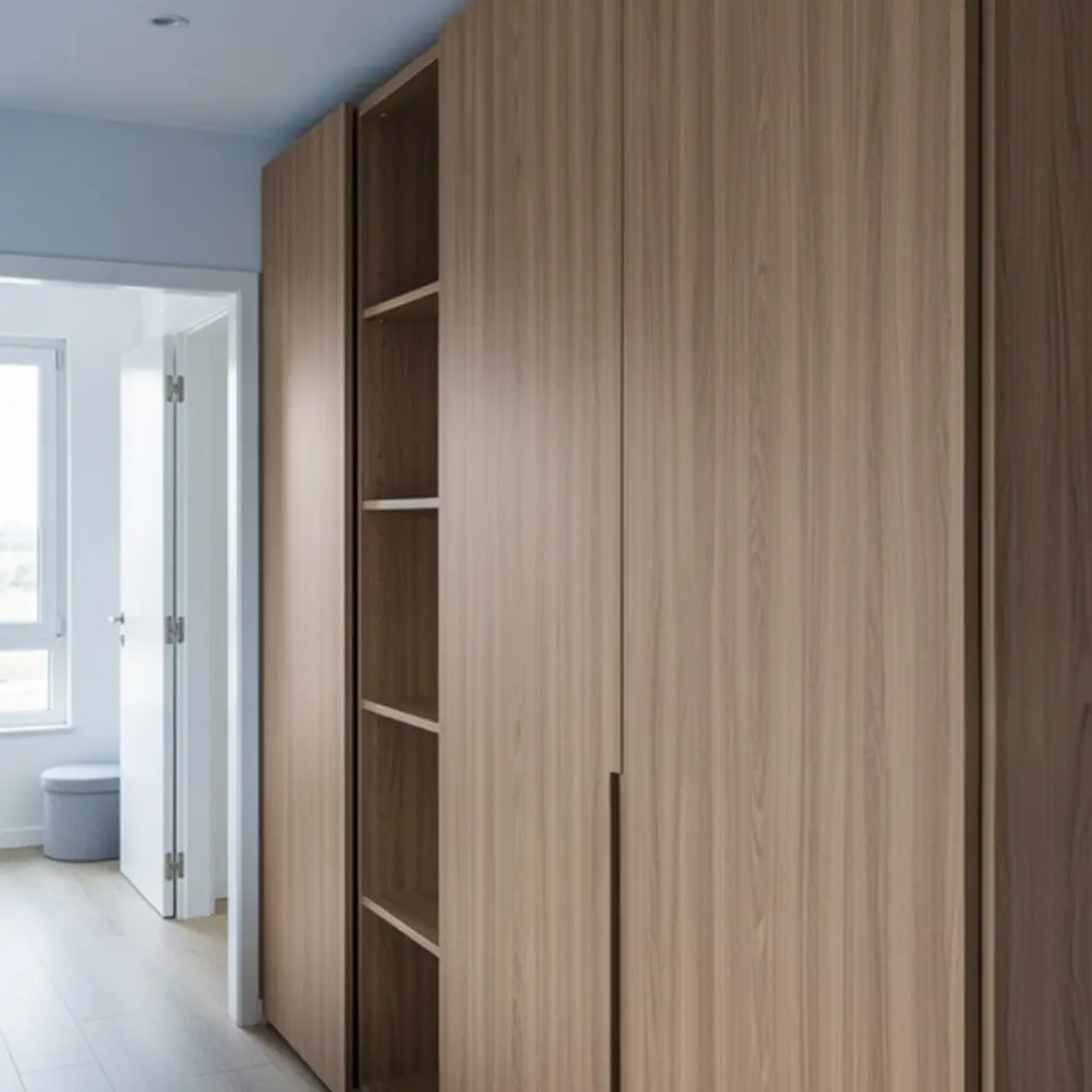 Enchapado de melamina de madera clara, ideal para interiores y decoración.