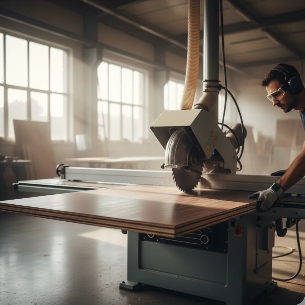 Operario cortando tablero para fenolico a medida en sierra escuadradora, con protección y extracción de polvo.