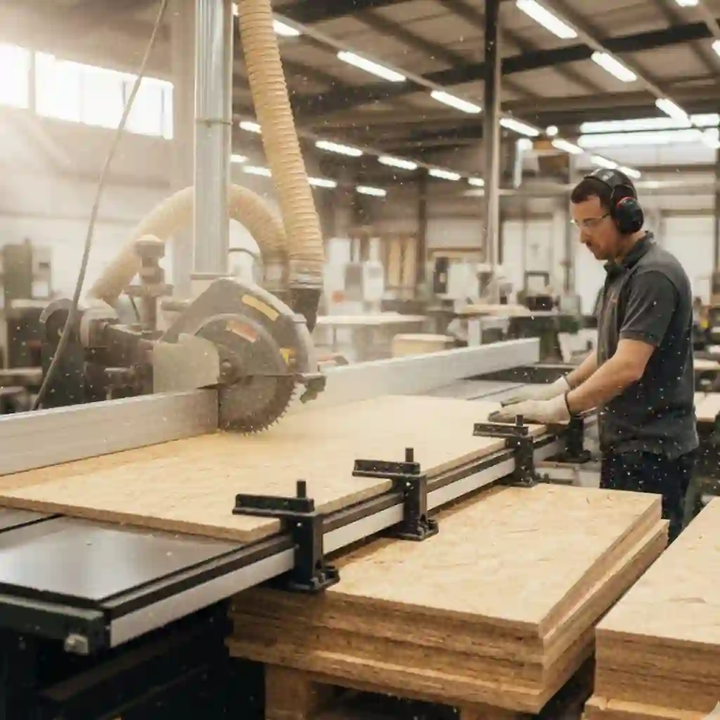 Operario con protección auditiva corta tablero OSB en sierra industrial con guías y extracción de polvo; pilas de tableros listos a medida.