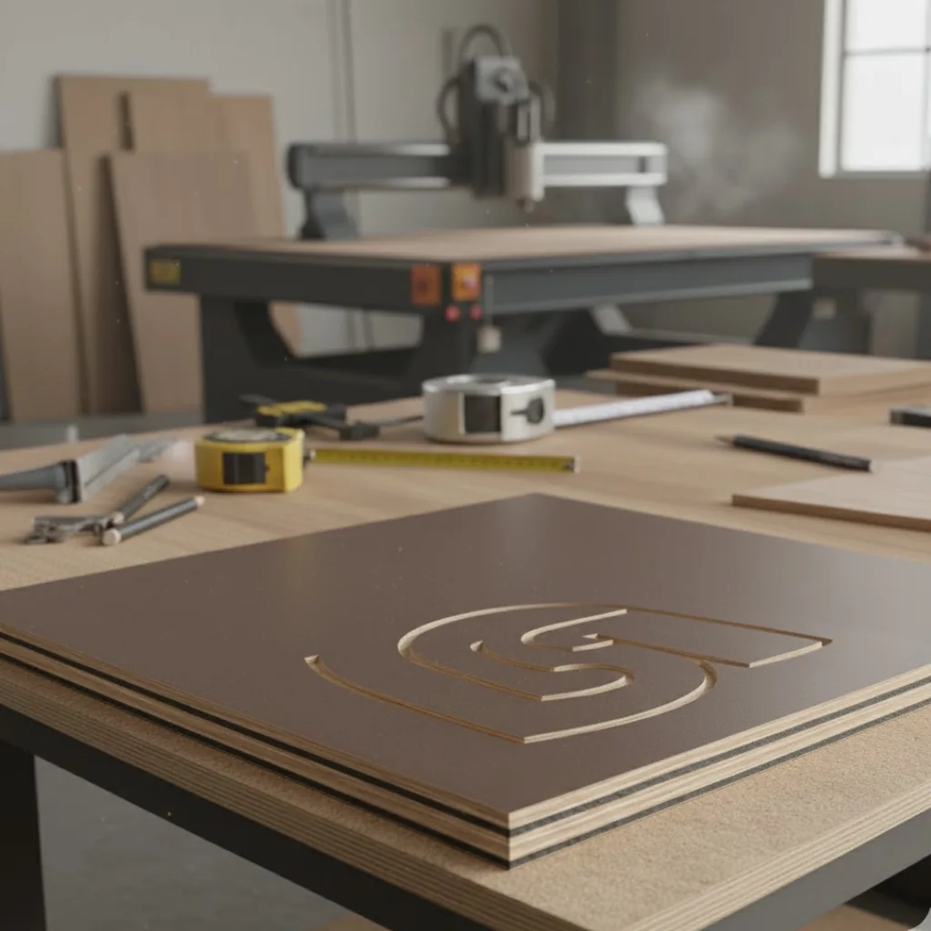 Tablero fenólico fresado con logo en taller; servicio de fenolico a medida con terminación limpia.”